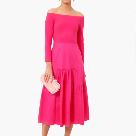 Tuckernuck Dresses & Skirts - Tuckernuck Camellia Pink Marissa Dress Size Medium Off The Shoulder Pockets Midi